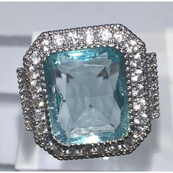 Cubic Zirconia Jewelry - Aquamarine Emerald-Cut Cubic Zirconia & White Crystal Statement Ring